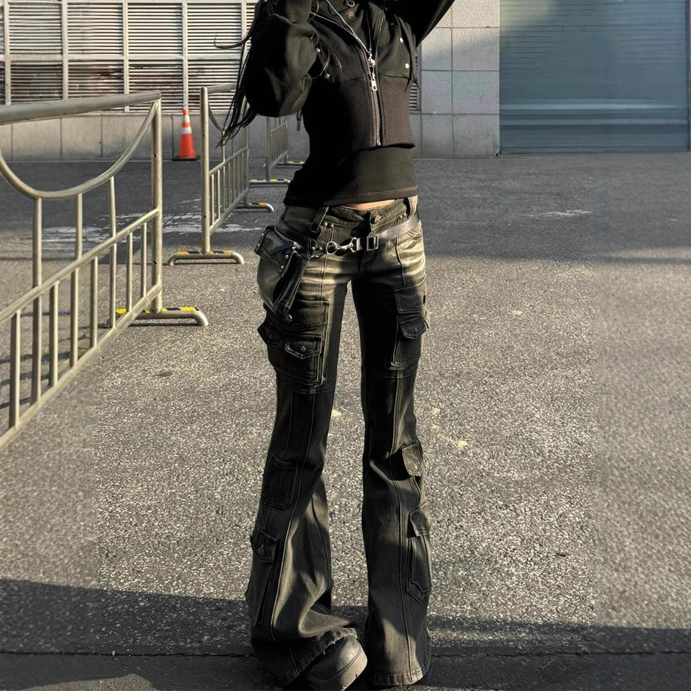Fall/Winter American-Style Multi-Pocket Cargo Flare Jeans 4