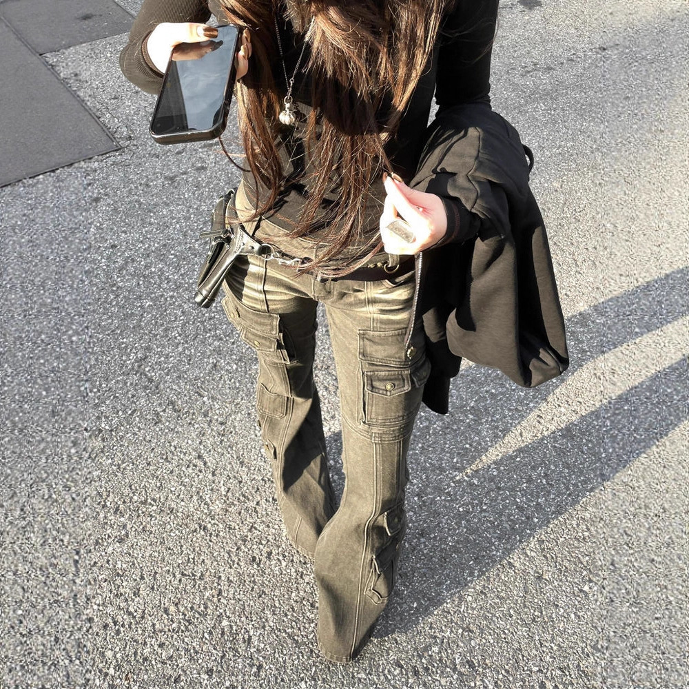 Fall/Winter American-Style Multi-Pocket Cargo Flare Jeans 4