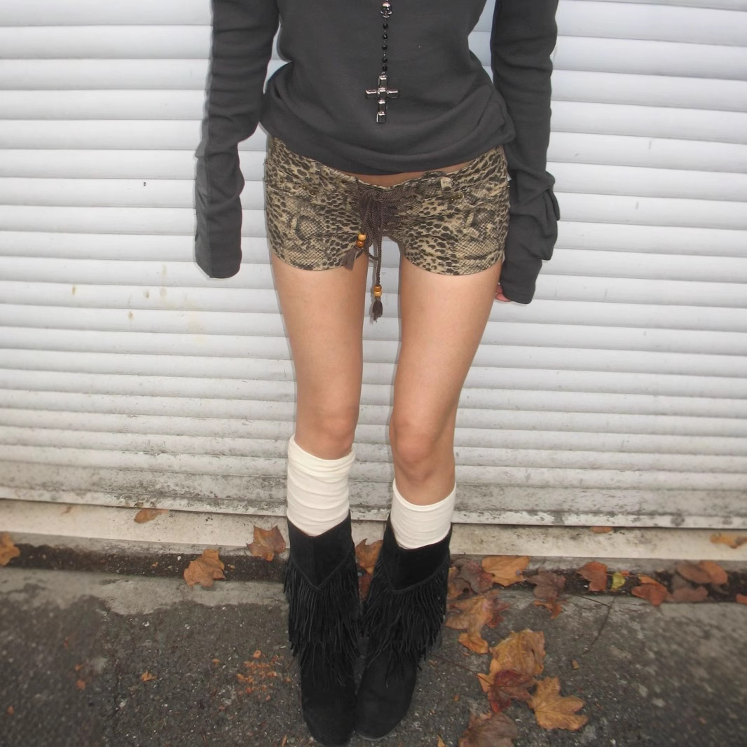 Retro hot leopard print lace-up denim shorts 6