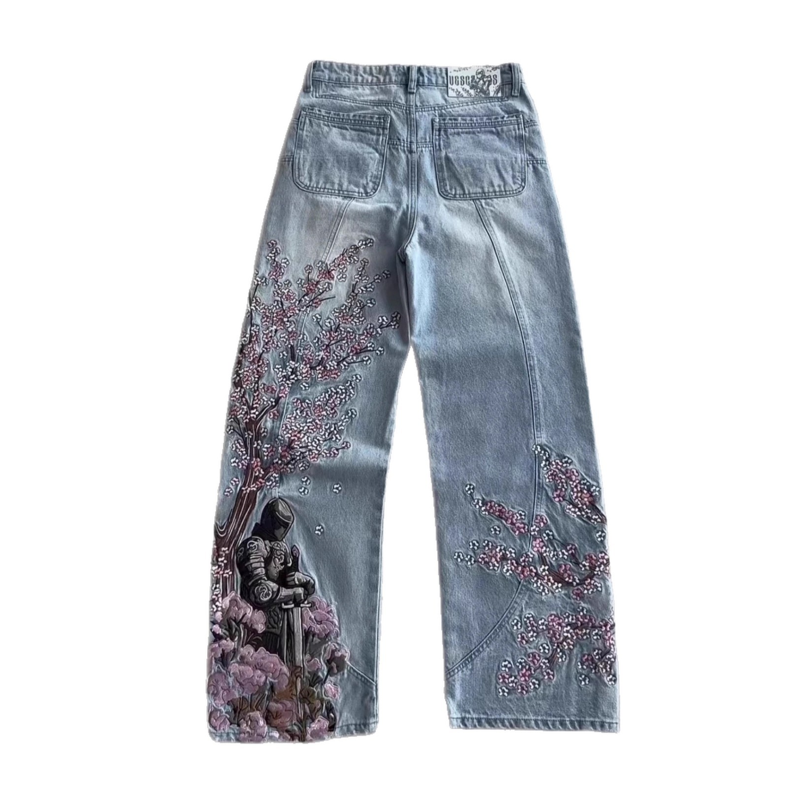 Retro Harajuku Embroidered Plum Blossom Pure Cotton Jeans 17 01