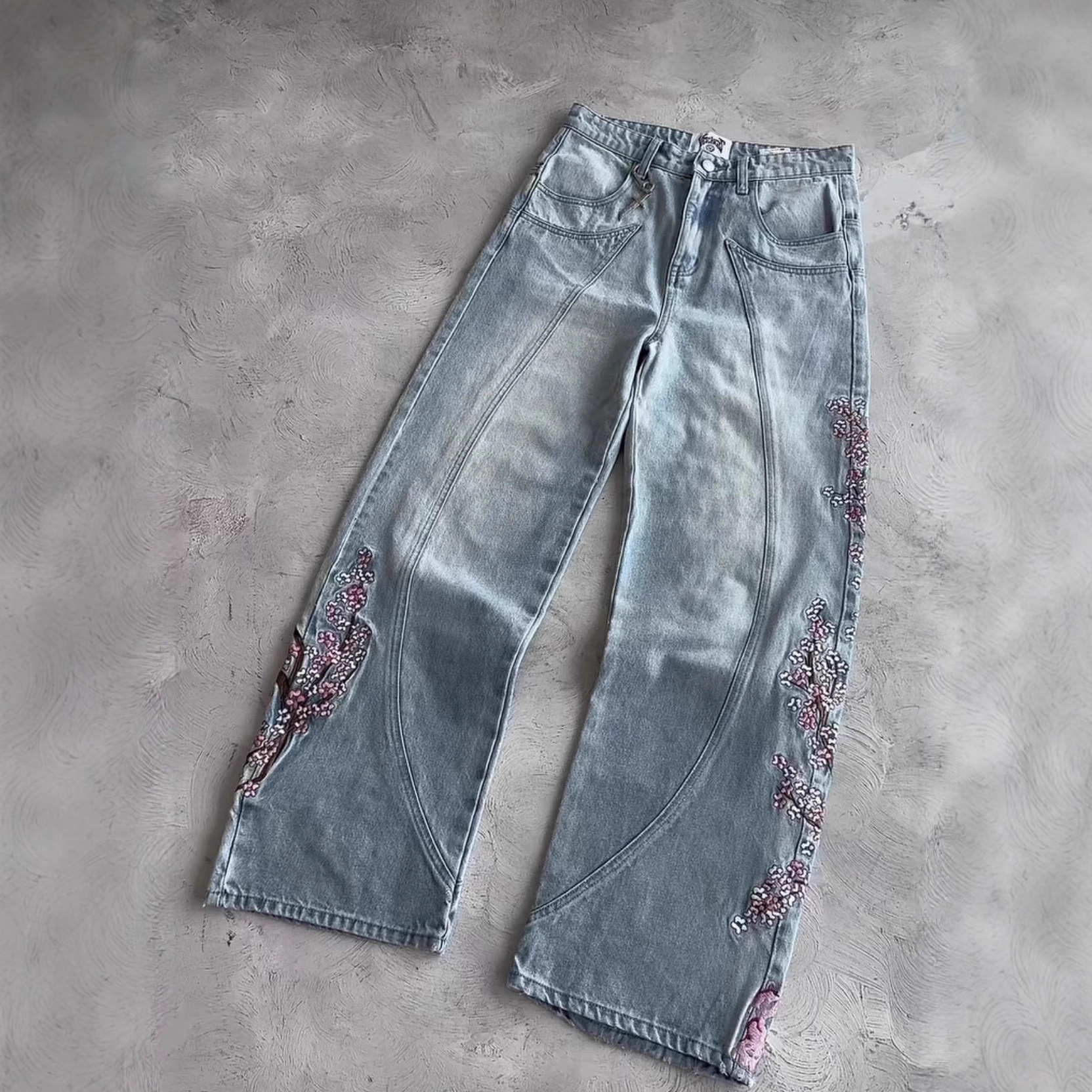 Retro Harajuku Embroidered Plum Blossom Pure Cotton Jeans 17 02