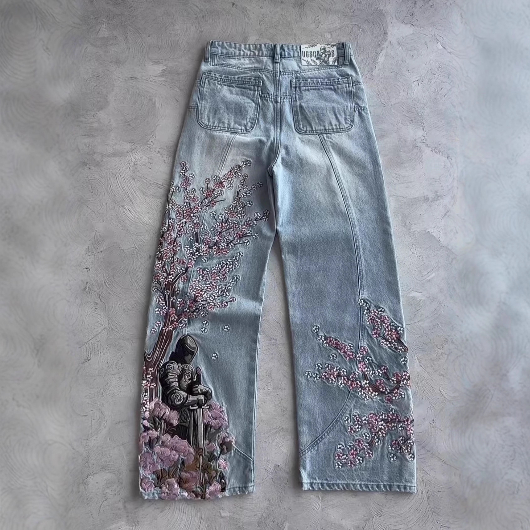 Retro Harajuku Embroidered Plum Blossom Pure Cotton Jeans 17