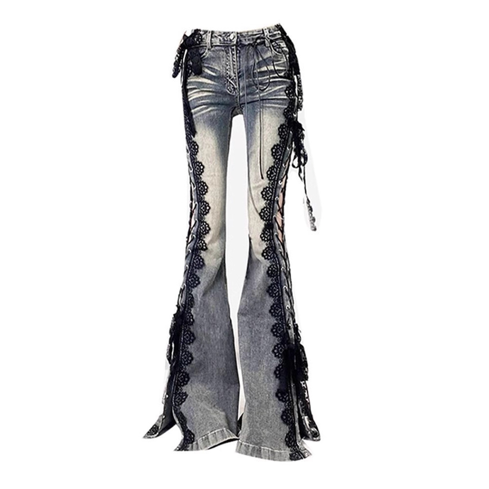 Retro lace-up split jeans 19