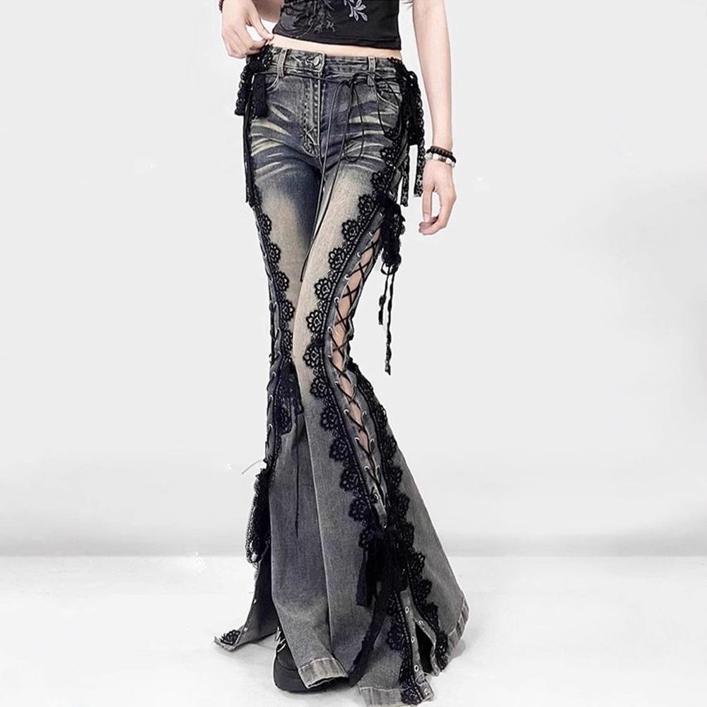 Retro lace-up split jeans 19