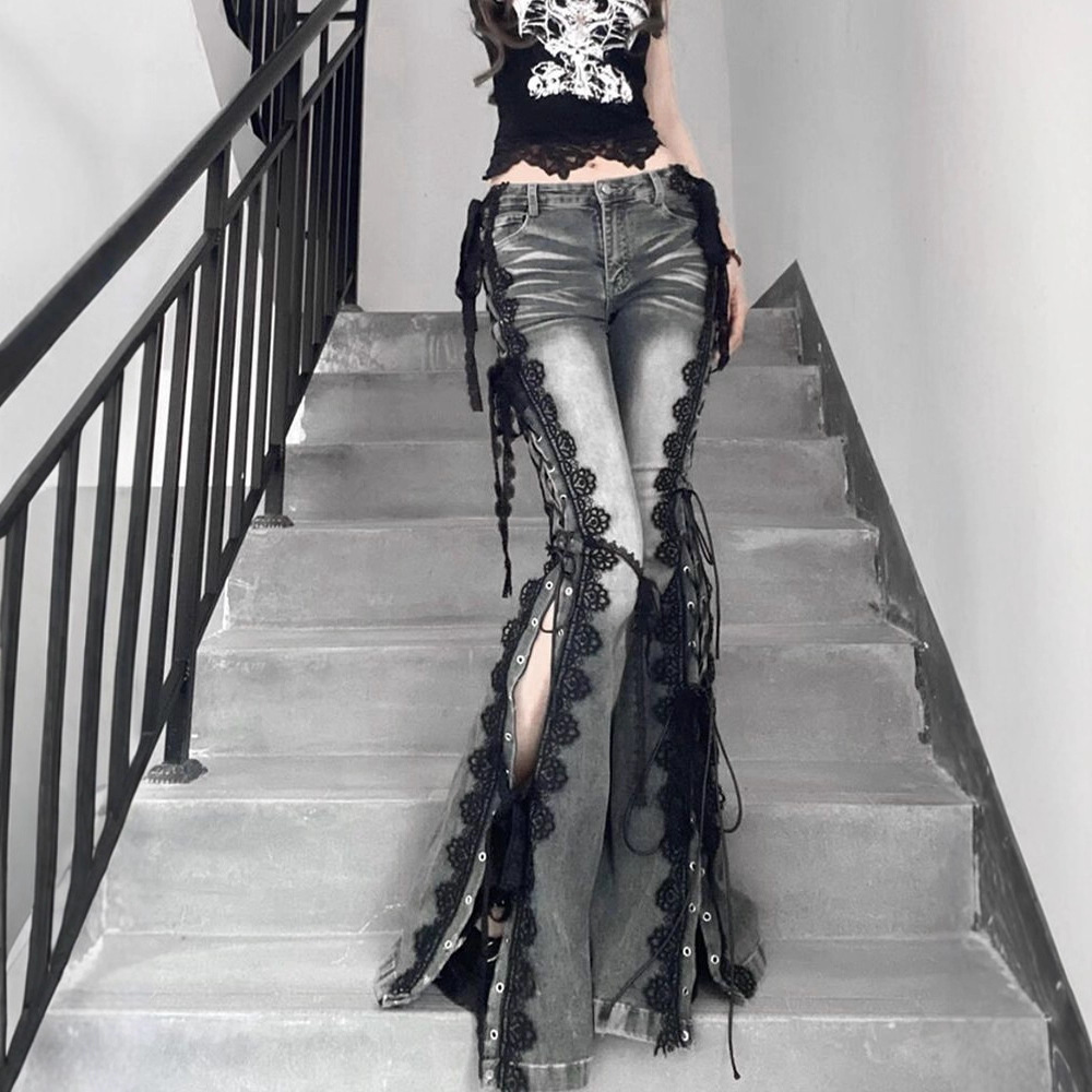 Retro lace-up split jeans 19