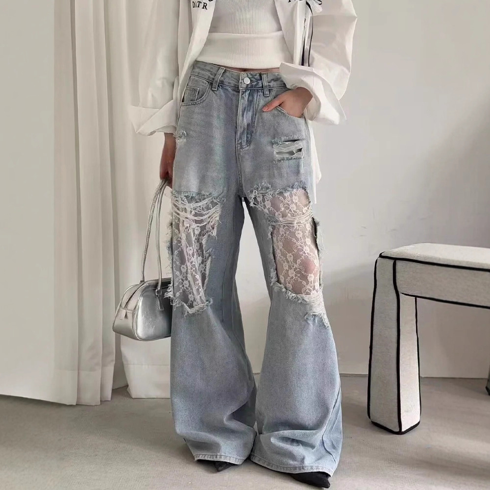 Lace-trimmed denim wide-leg pants 25