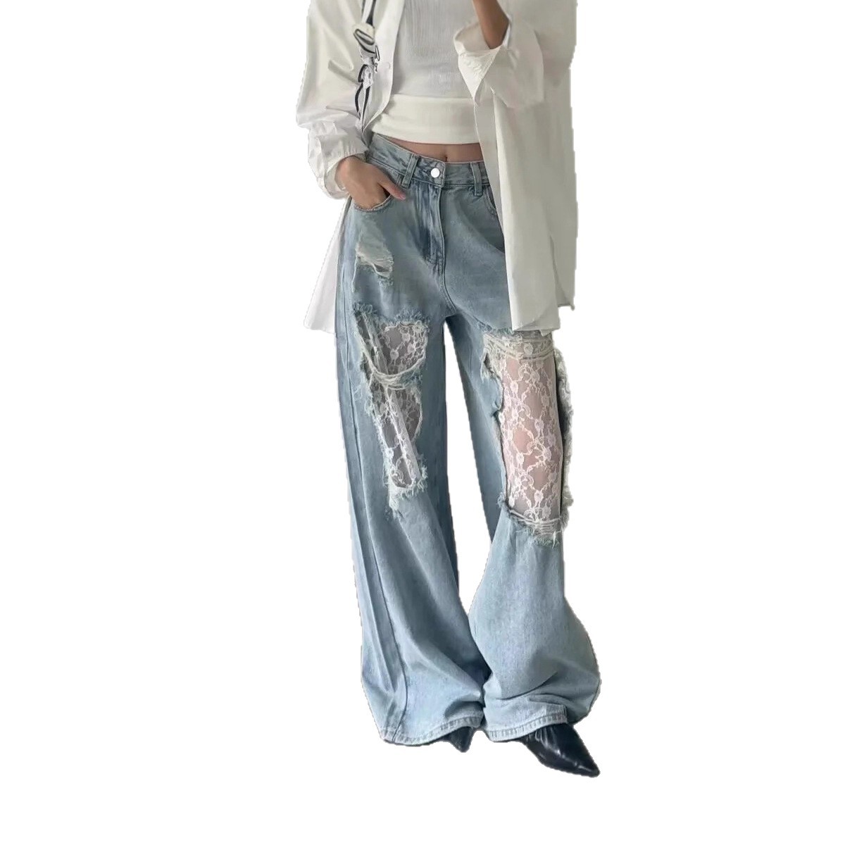 Lace-trimmed denim wide-leg pants 25