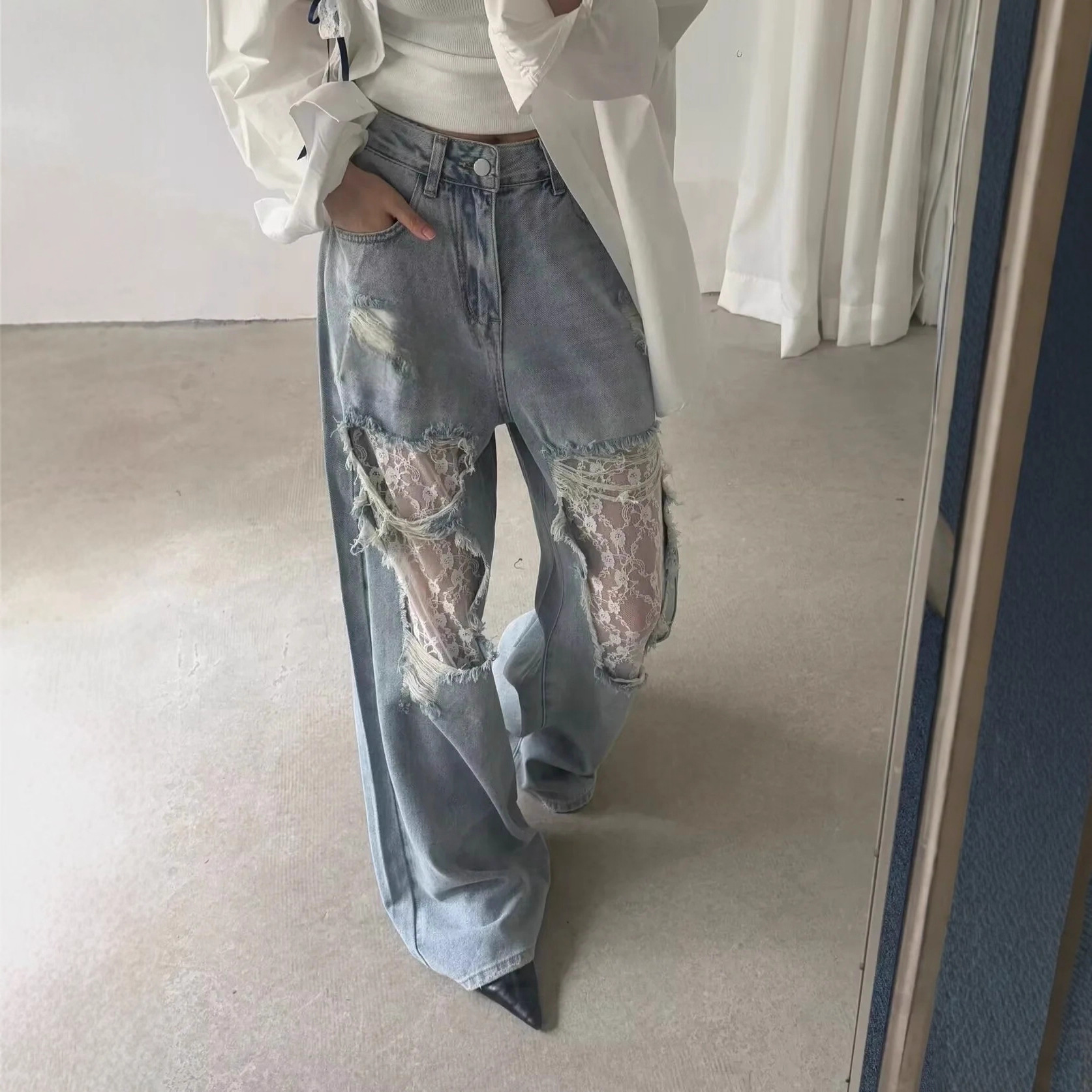 Lace-trimmed denim wide-leg pants 25