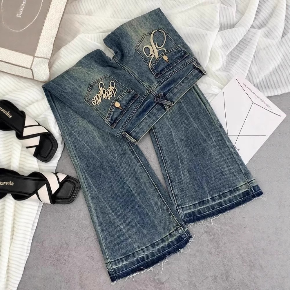 Retro pocket embroidered flared jeans 22 02