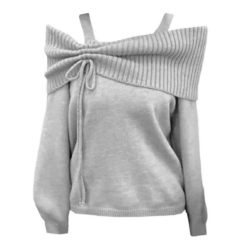 Off-shoulder loose sweet gray long-sleeved sweater 52 01
