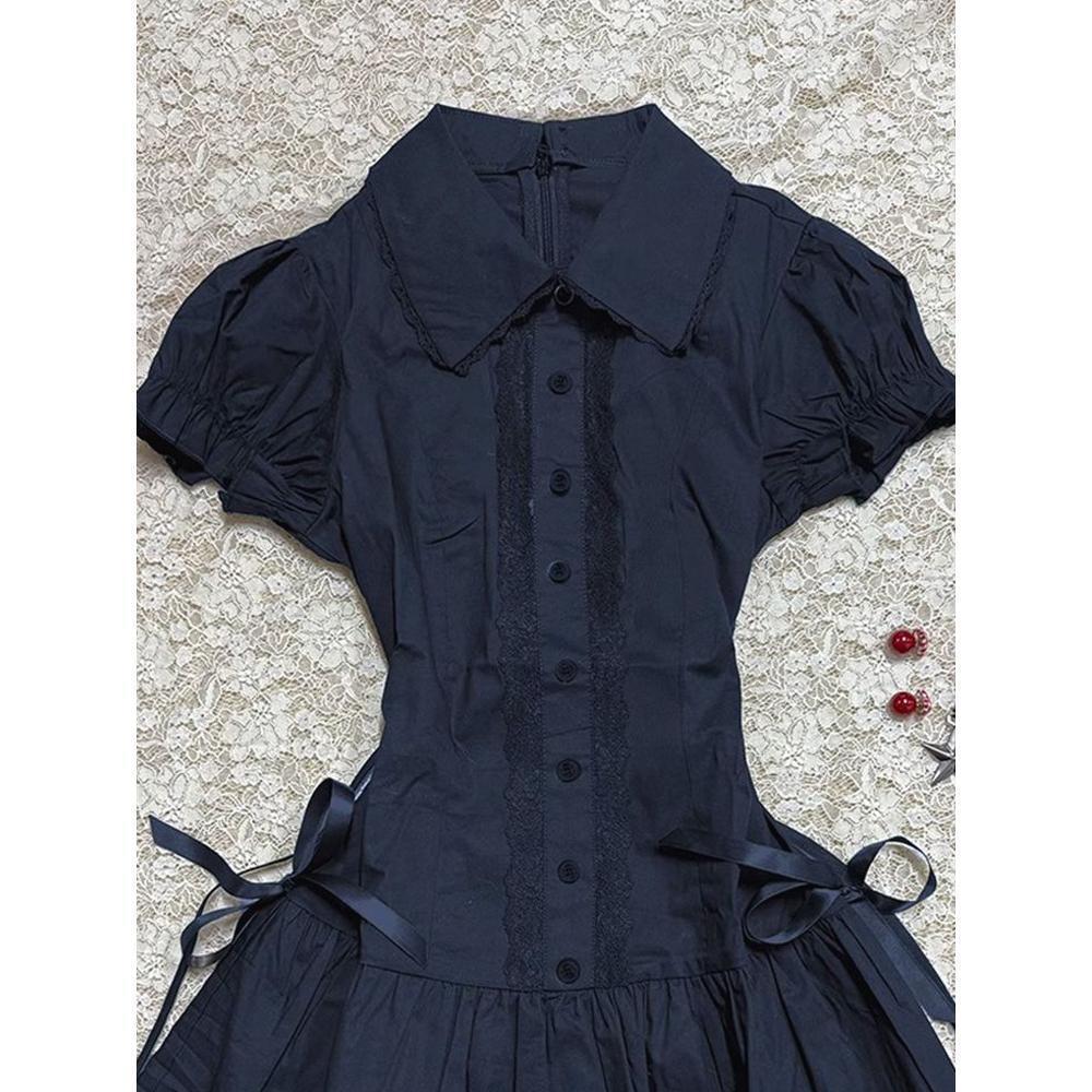 Preppy retro lace short-sleeved shirt dress 44