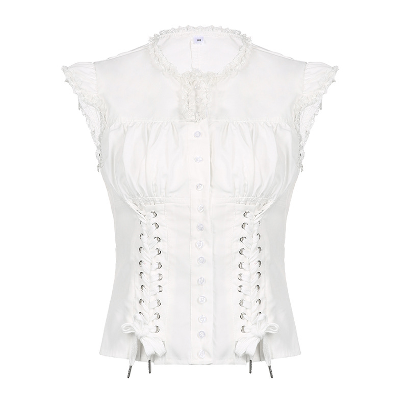 Retro lace-trimmed short-sleeved button-down shirt 48