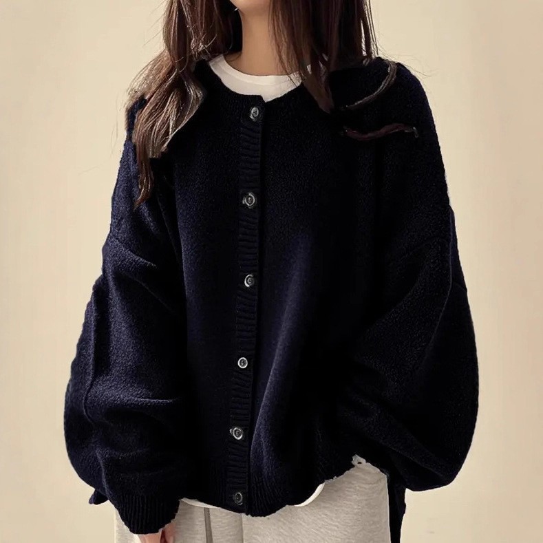 Retro-style workwear button-down solid color knit cardigan 51