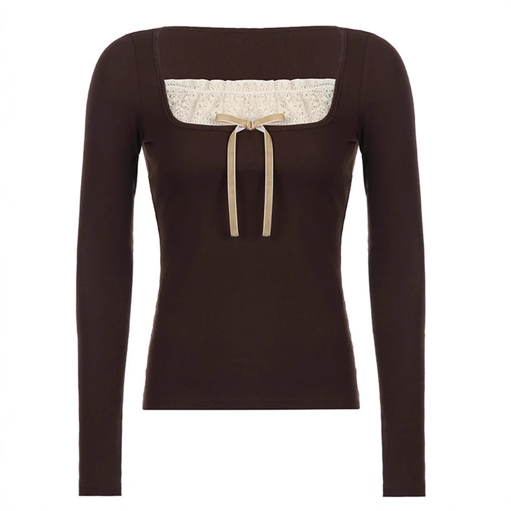 Square neck lace faux two-piece long-sleeved knit top 54