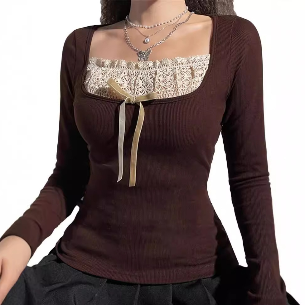 Square neck lace faux two-piece long-sleeved knit top 54 01