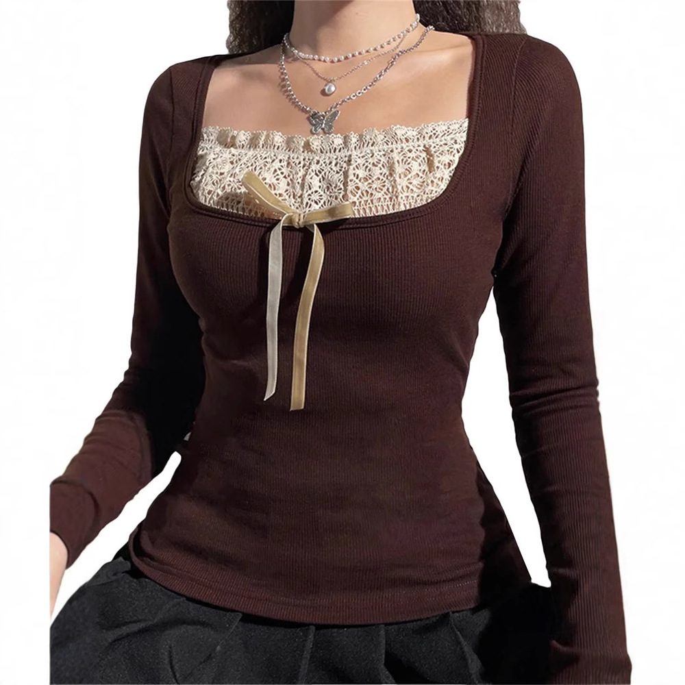 Square neck lace faux two-piece long-sleeved knit top 54