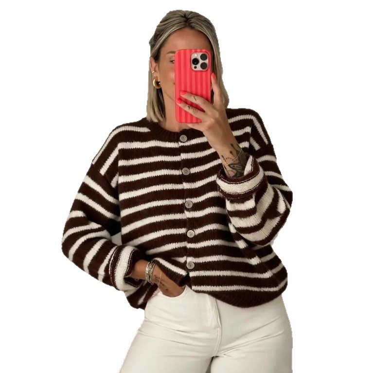 Striped color-blocked crew neck casual cardigan 49