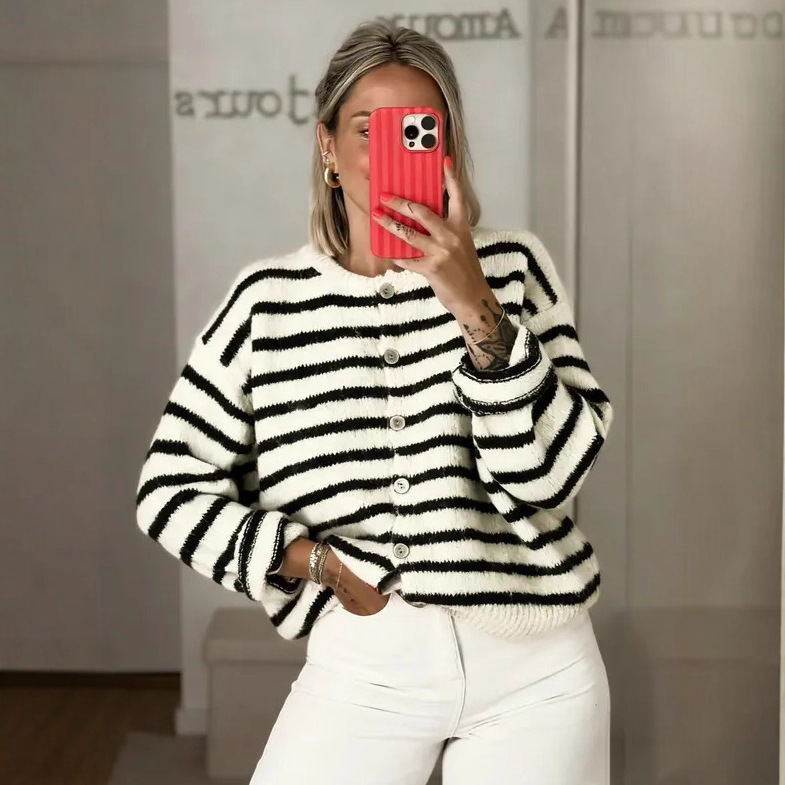 Striped color-blocked crew neck casual cardigan 49 01