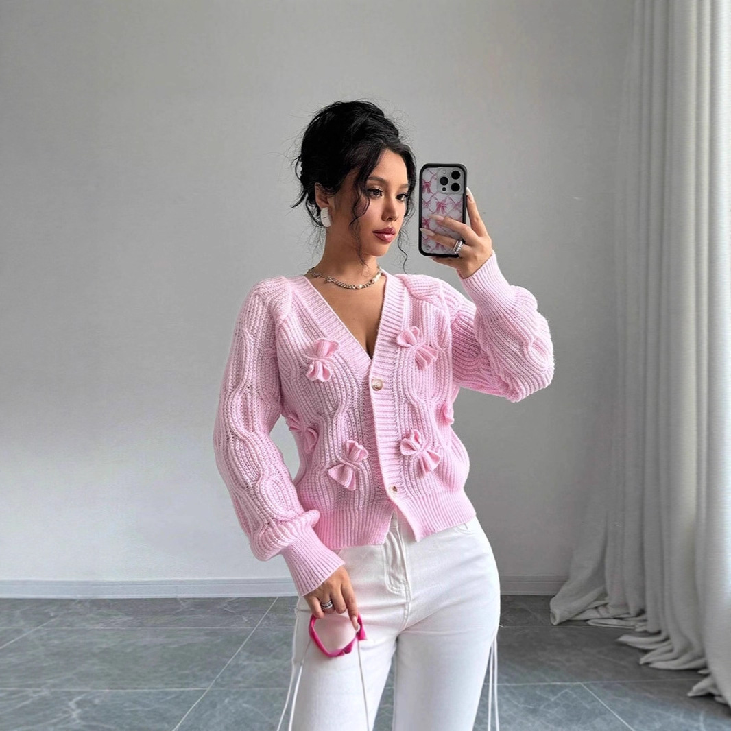 Sweet V-neck long-sleeved bow knit sweater 56 01