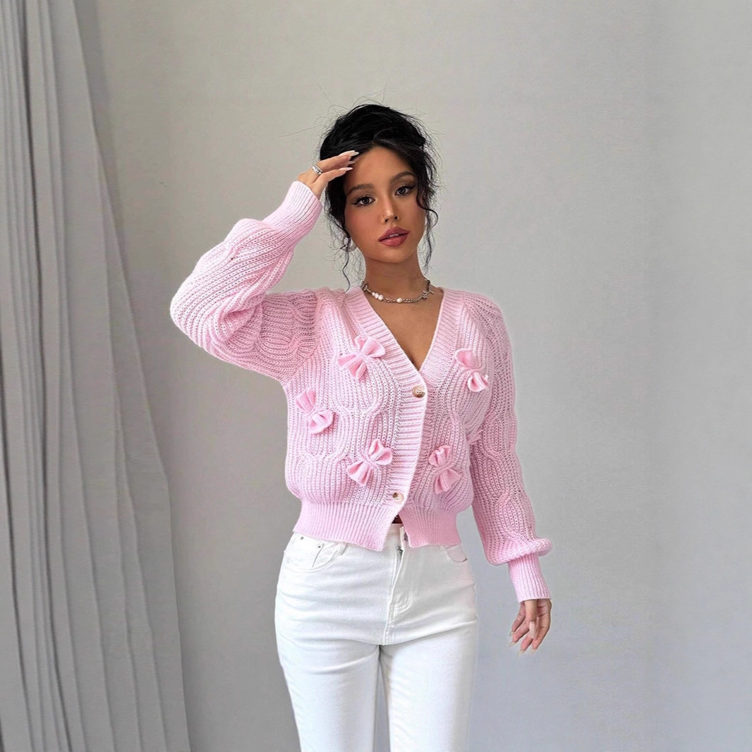 Sweet V-neck long-sleeved bow knit sweater 56 02